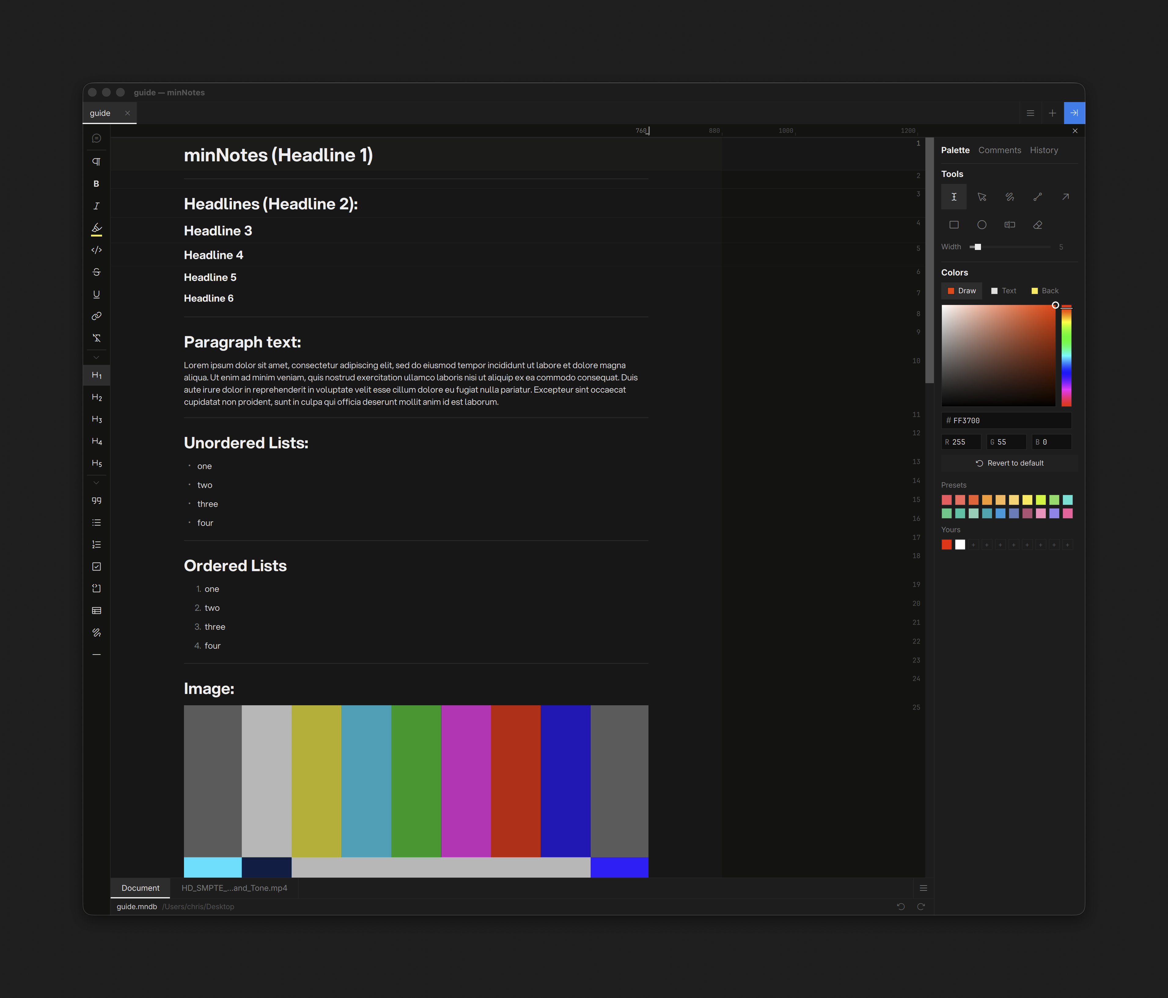 minNotes main window