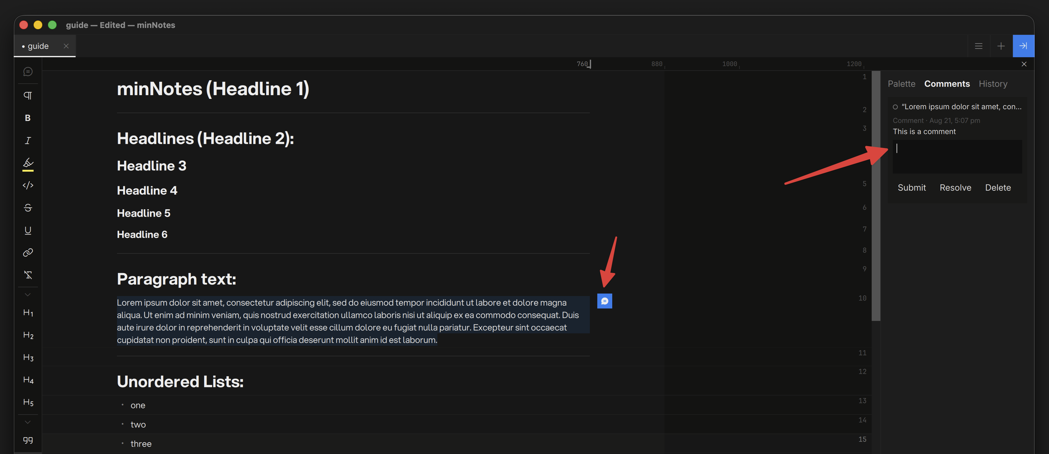 The Comments view in the Inspector